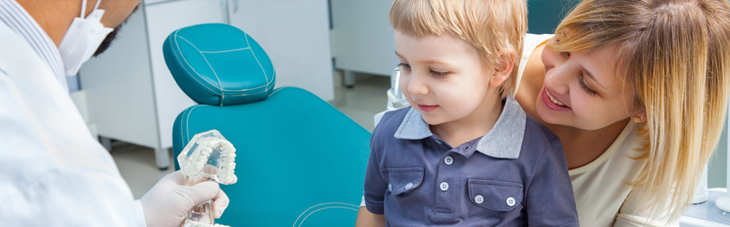 A child and her mother looking at a teeth model held by the Dentist